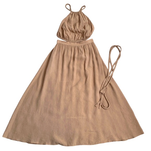 NEW‎ ALICE + OLIVIA Faith Braided Cut Out Open Back Midi Dress Size 6 Tan Linen - Picture 10 of 12